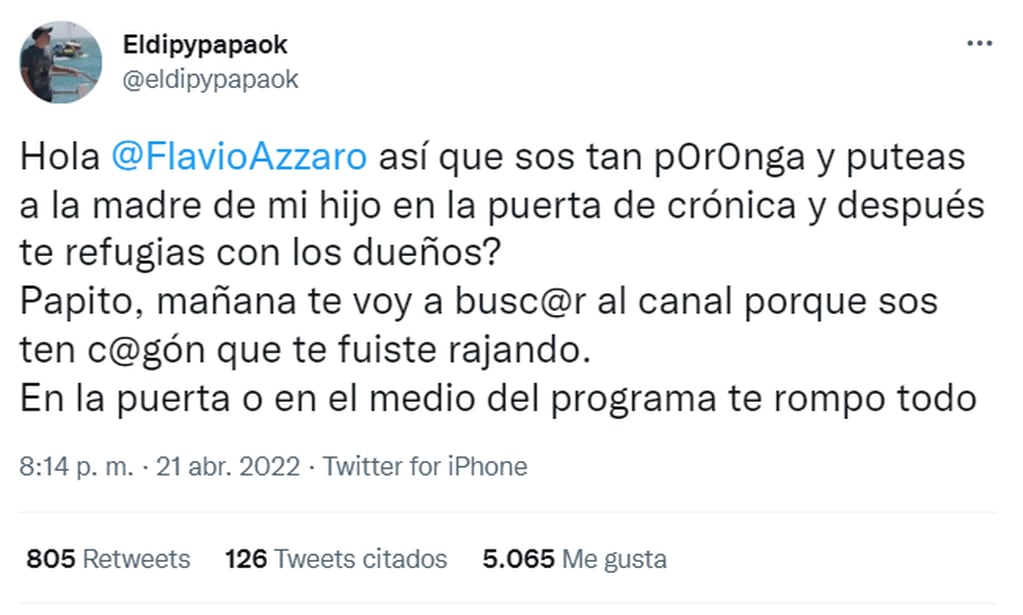 El tweet de El Dipy amenazando a Flavio Azzaro.