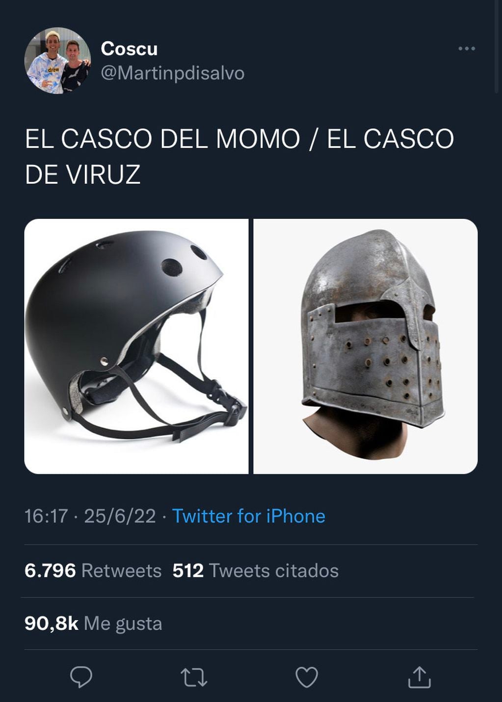 Martín Pérez Di Salvo, más conocido como Coscu, subió una imagen de dos cascos comparándolos con los de los streamers.