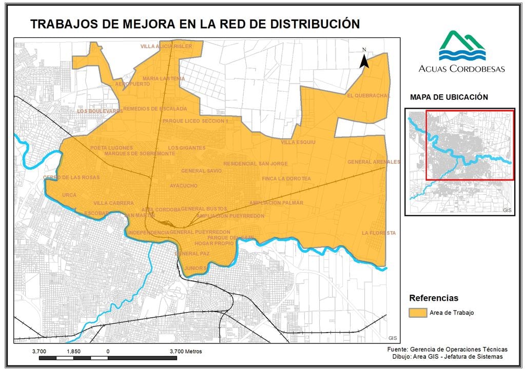 Mapa de barrios afectados por los trabajos del sábado 12 de diciembre.