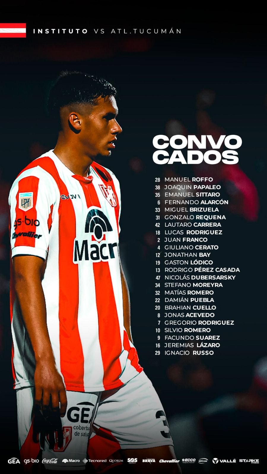 Los 24 convocados de Instituto para el duelo con Atlético Tucumán.