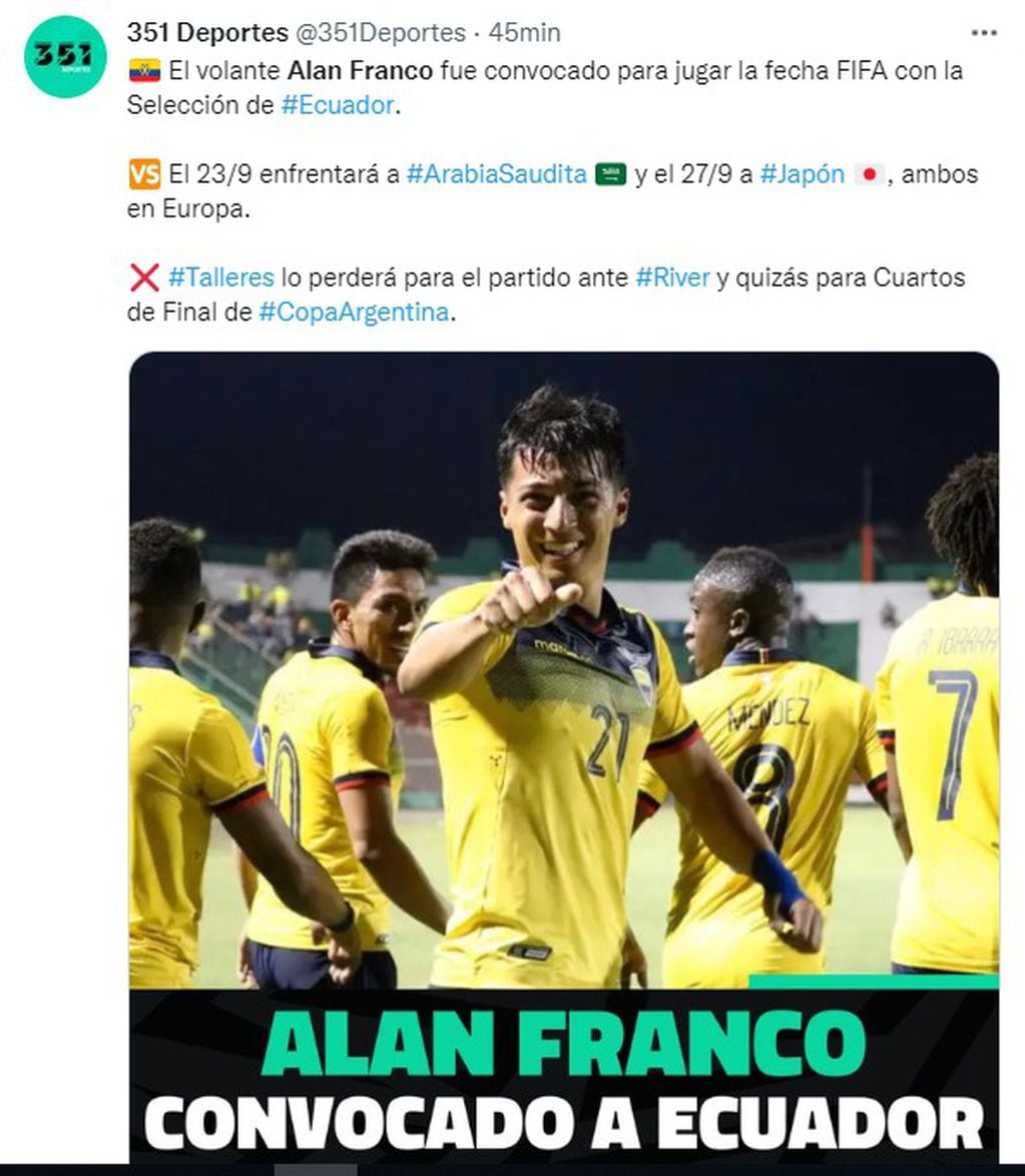 Alan Franco jugará con Ecuador los amistosos de fines de setiembre.