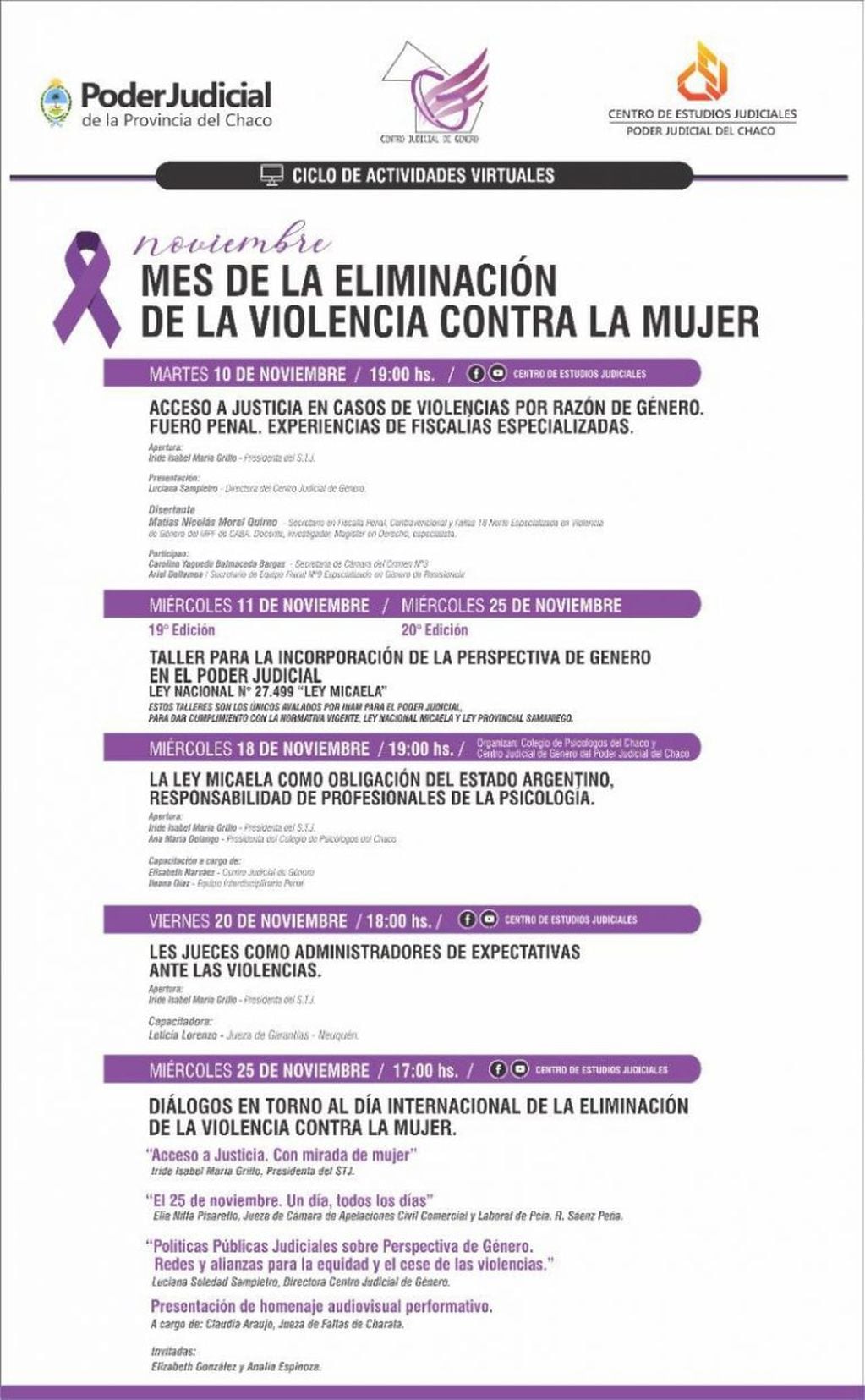 Cronograma de actividades en el mes de la Eliminación de la violencia contra la mujer