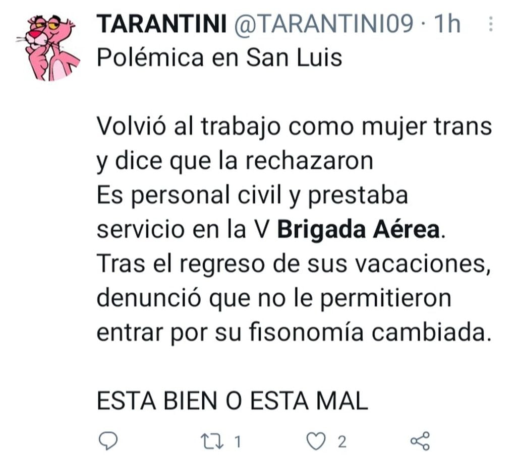 Uno de los tuits que muestra la denuncia de personal civil que al regresar de licencia como mujer trans no pudo ingresar a su lugar de trabajo.