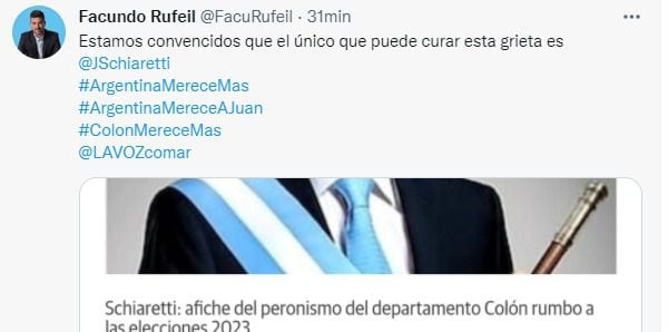 Facundo Rufeil, intendente de La Calera, impulsa la candidatura presidencial de Juan Schiaretti.