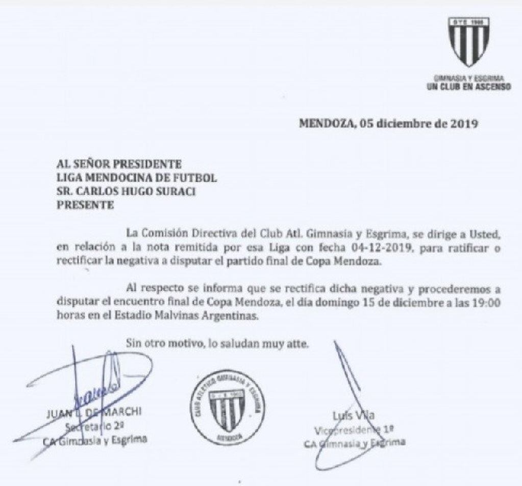 La nota presentada por Gimnasia de Mendoza ante la Liga Mendocina de Fútbol.