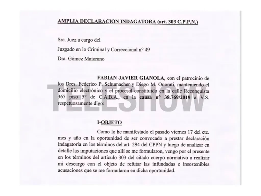 La declaración escrita que Fabián Gianola presentó en la Justicia