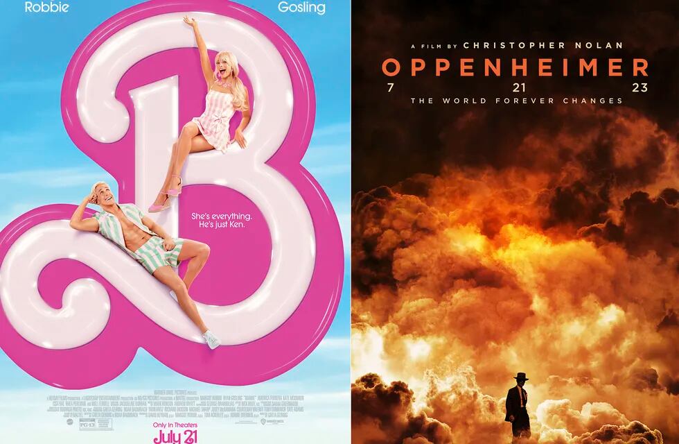 Esta combinación de imágenes muestra el arte promocional de "Barbie", a la izquierda, y "Oppenheimer". (Warner Bros Pictures/Universal Pictures vía AP)