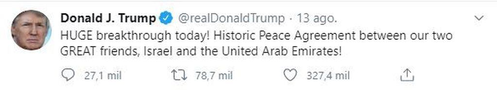 Trump anunció que Israel y Emiratos Árabes Unidos habían acordado establecer lazos diplomáticos.(Twitter)
