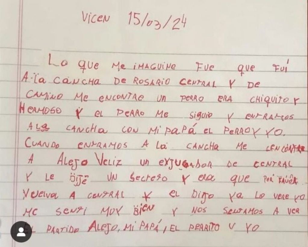Vicente, el niño que fantaseó con conocer a Alejo Véliz, escribió un hermoso relato.