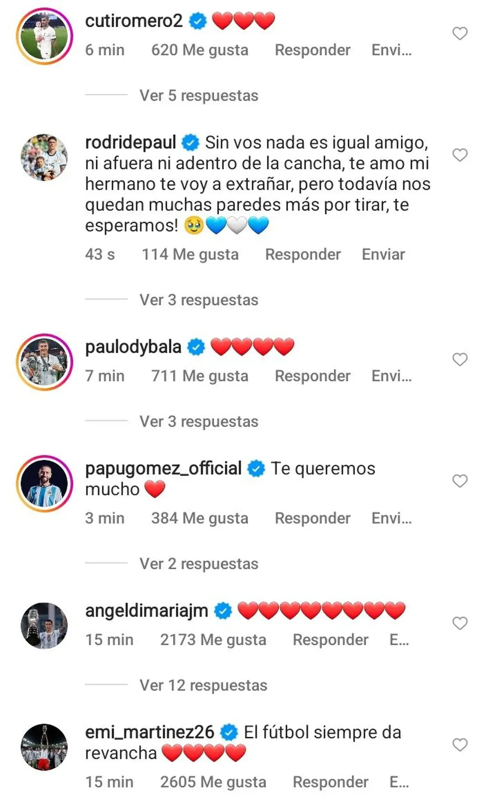 Los mensajes de apoyo de algunos de los jugadores de la Selección Argentina para con Lo Celso.
