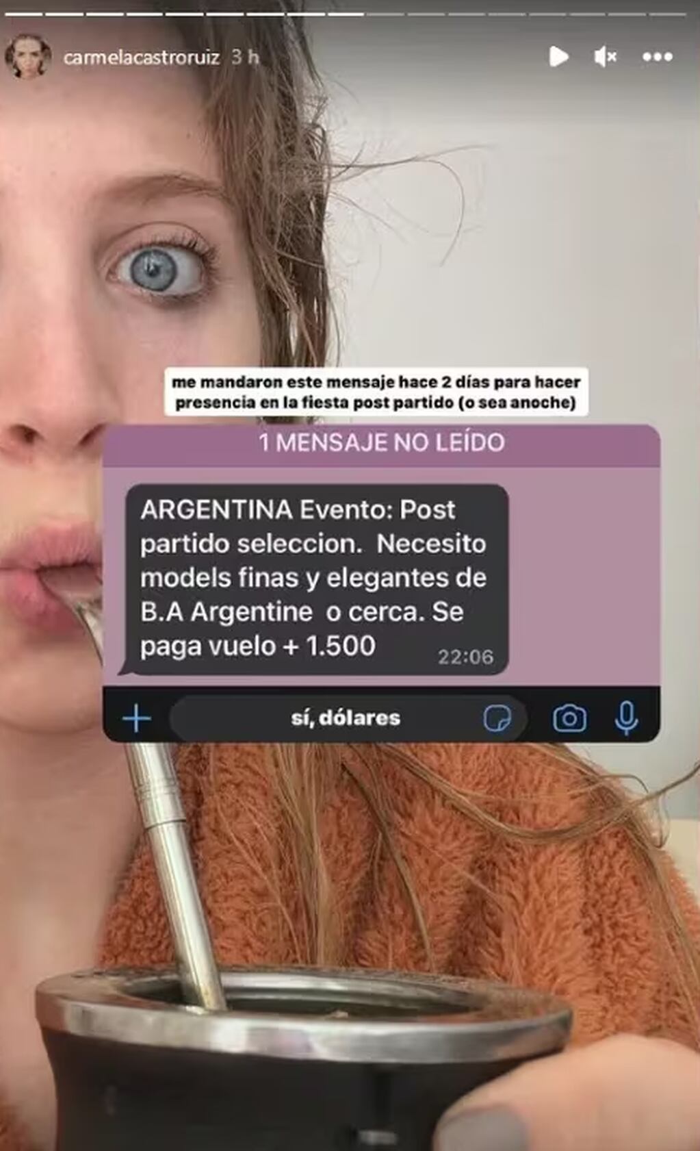 La modelo Carmela Castro Ruiz contó qué le pedían para entrar a la fiesta de la Selección. (Instagram @carmelacastroruiz)