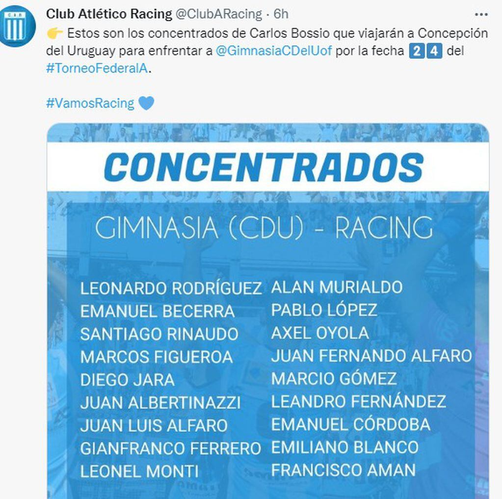 La lista de Carlos Bossio, para que Racing defienda la punta en Concepción del Uruguay.