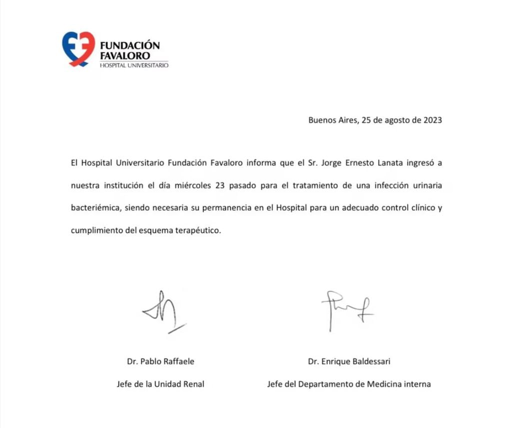 El parte médico emitido por la Fundación Favaloro sobre la salud de Jorge Lanata.