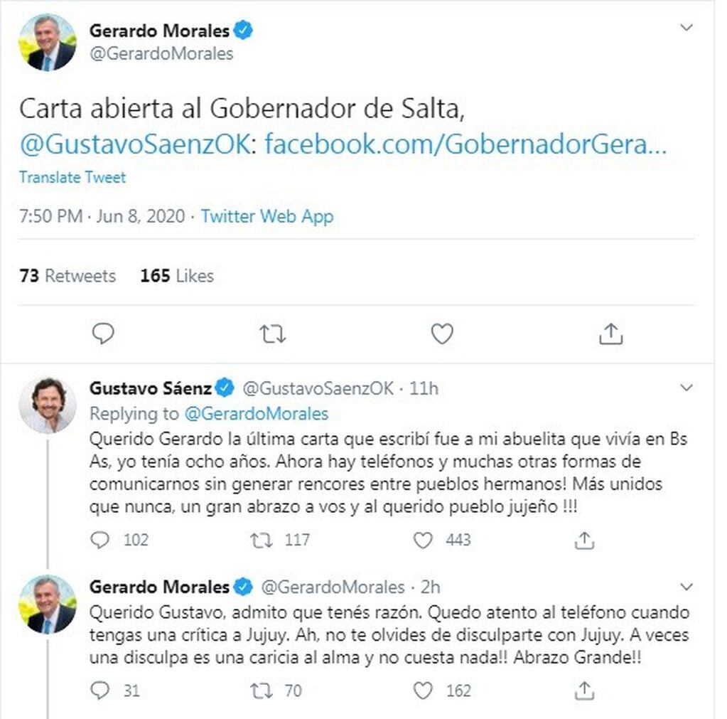 Duro cruce en las redes entre los gobernadores de Salta y Jujuy por un caso de coronavirus. (Twitter)