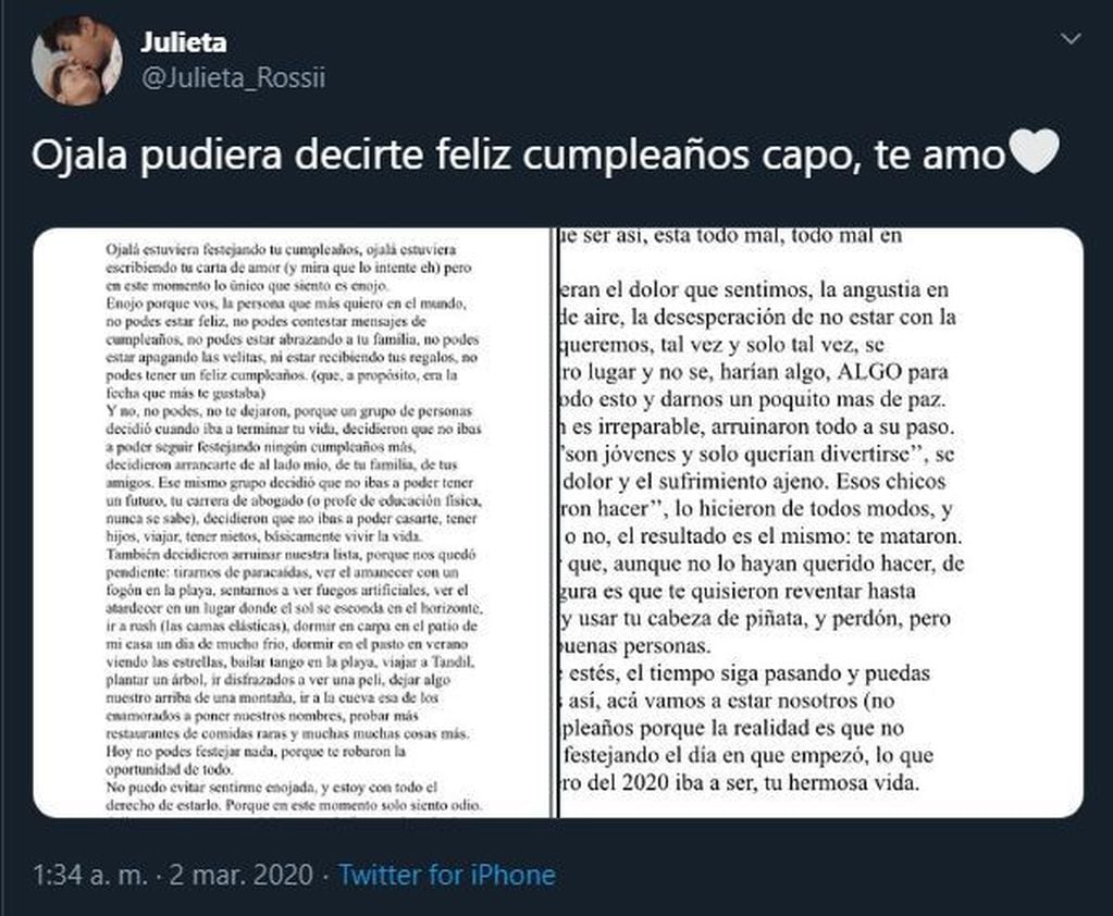 La carta de Julieta Rossi a Fernando en su cumpleaños 19 (Twitter)