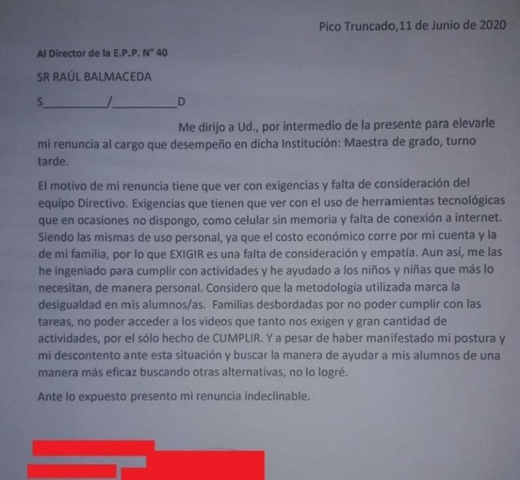 Nota de renuncia de una docente de Pico Truncado.