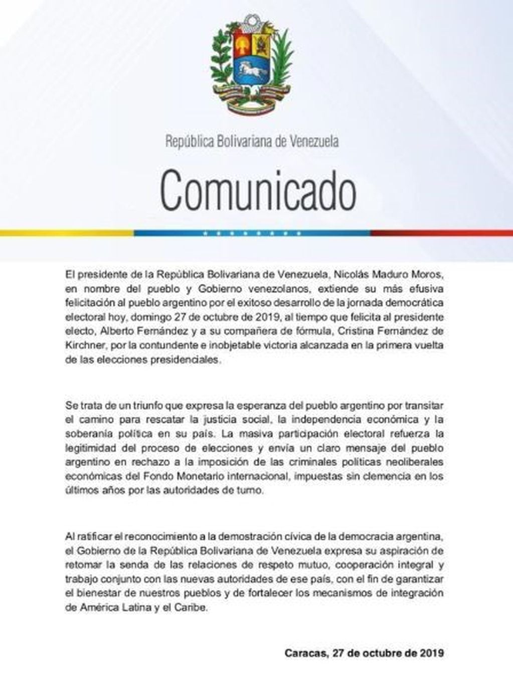 Comunicado del Gobierno de Maduro, tras la victoria del Frente de Todos.