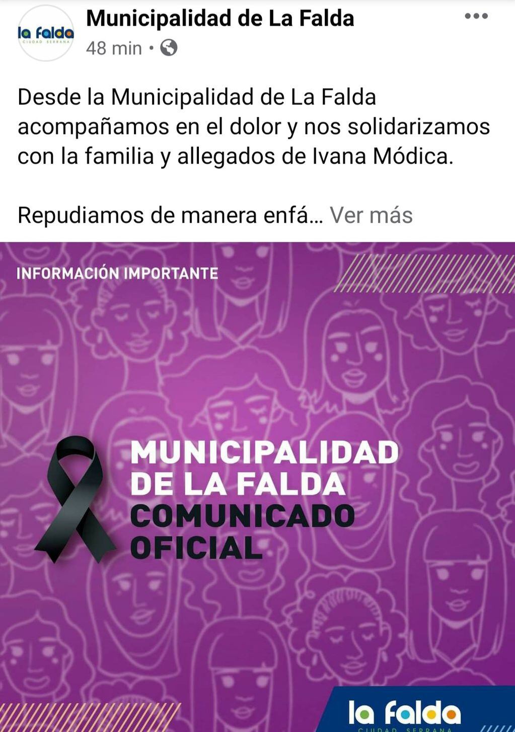 Comunicado oficial de la Municipalidad de La Falda por el femicidio de Ivana Módica.