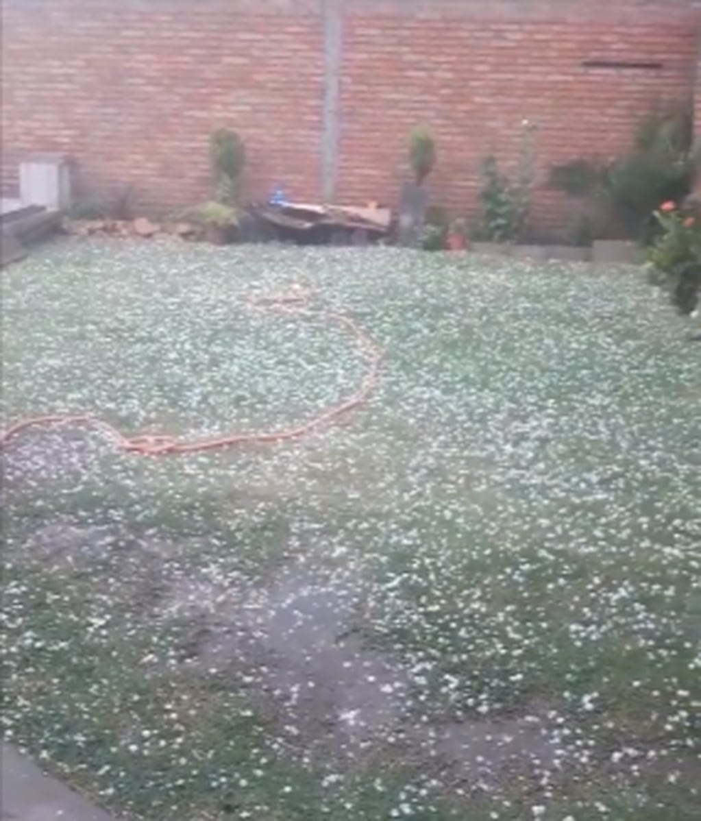 Así estaba el patio de uno de los vecinos de San Rafael esta mañana, durante la caída de granizo.