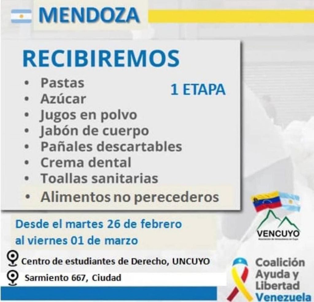 Mendoza se suma a la campaña solidaria por Venezuela.