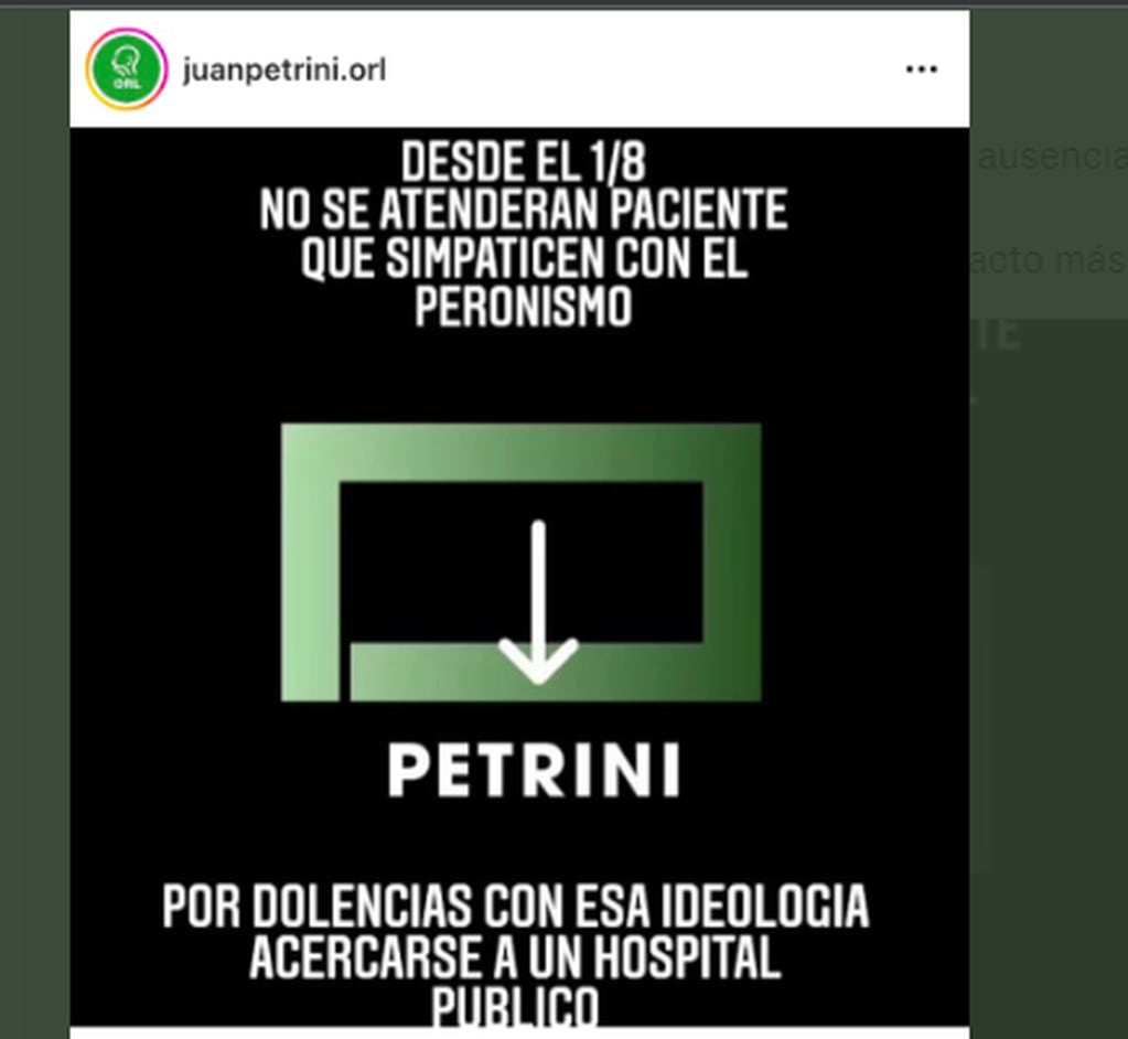 "No se atienden pacientes que simpaticen con el peronismo", el mensaje vial de un médico de Bahía Blanca.