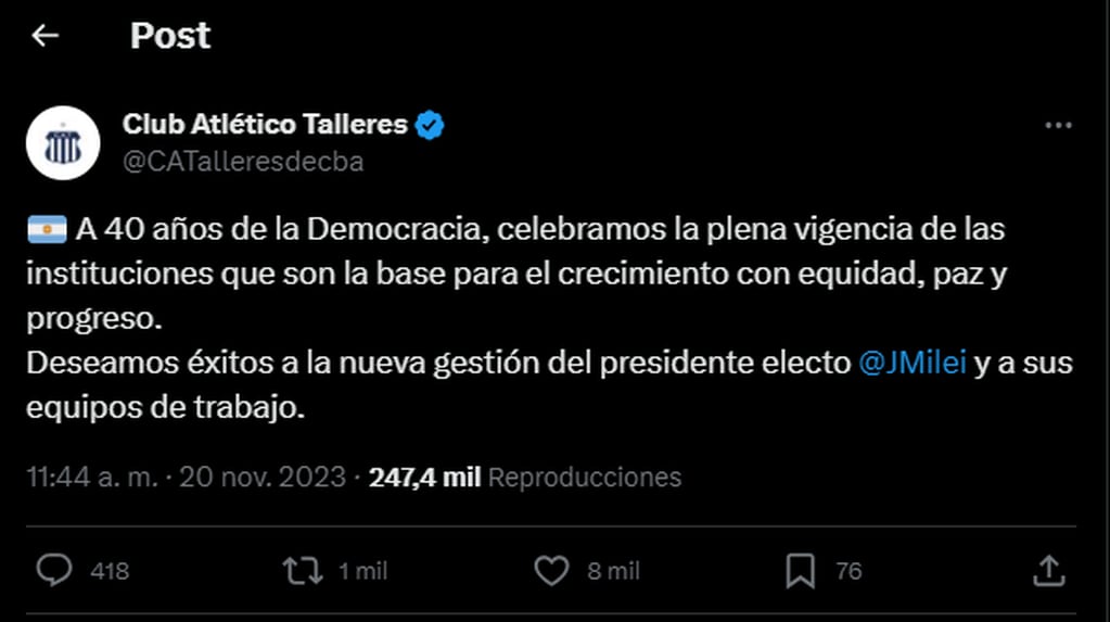 Talleres felicitó a Javier Milei por su triunfo en el balotaje.