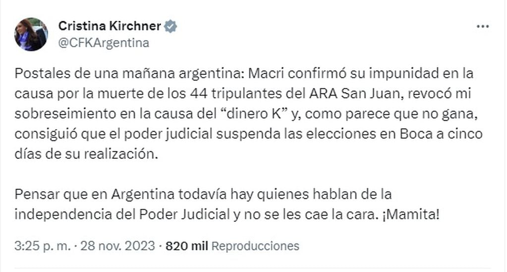 El tuit de Cristina Kirchner