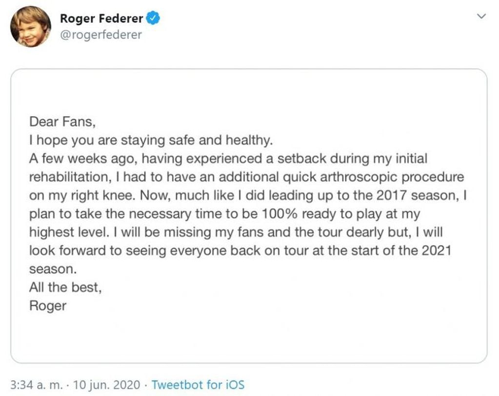 Roger Federer anunció que no volverá a jugar hasta 2021 (Foto: Twitter)
