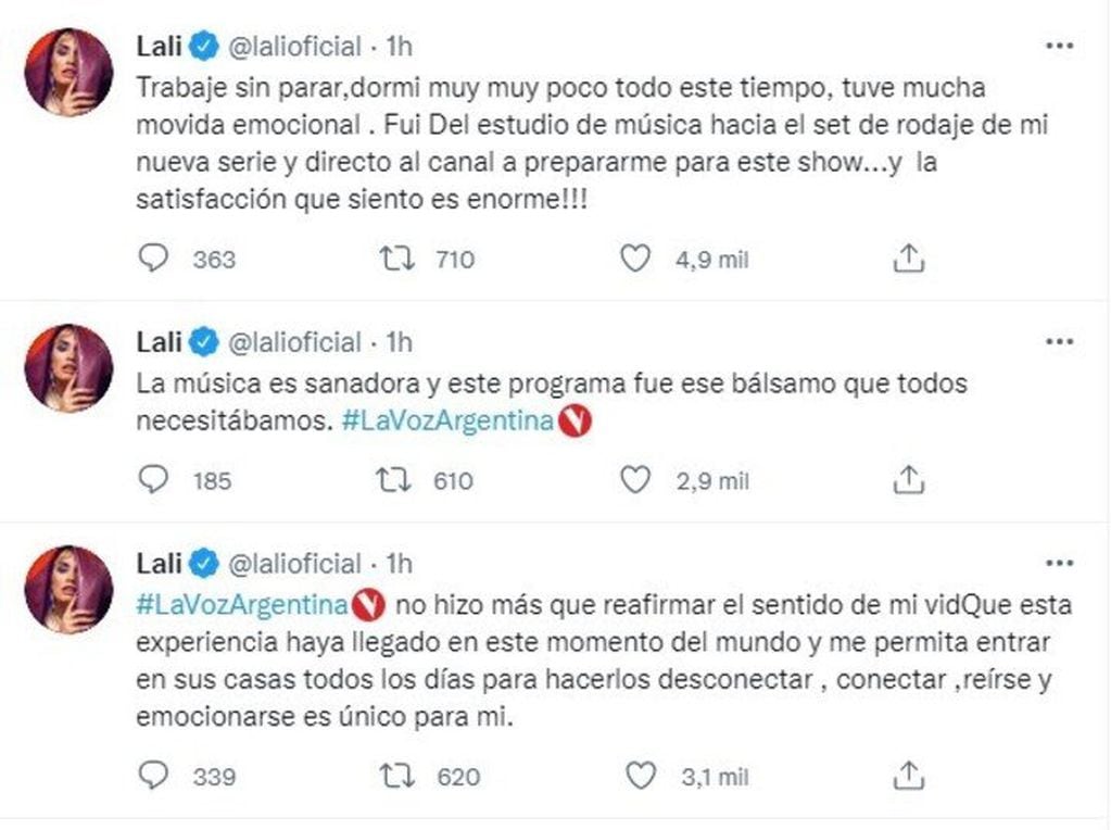 Los mensajes en Twitter de Lali Espósito sobre el final de "La Voz Argentina".