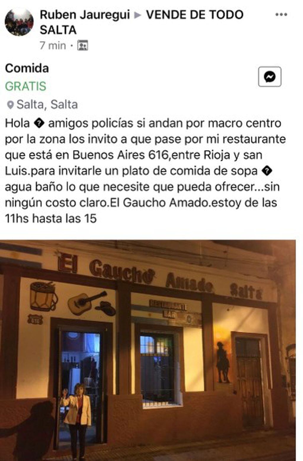 El Gaucho Amado ofrece comida a policías de Salta