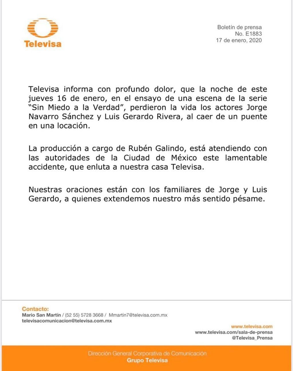 El comunicado oficial de Televisa para confirmar la muerte de los actores  Jorge Navarro y Luis Gerardo