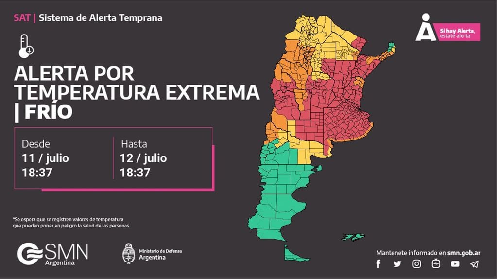 Alerta meteorológica por frío extremo en Córdoba y el resto de Argentina.