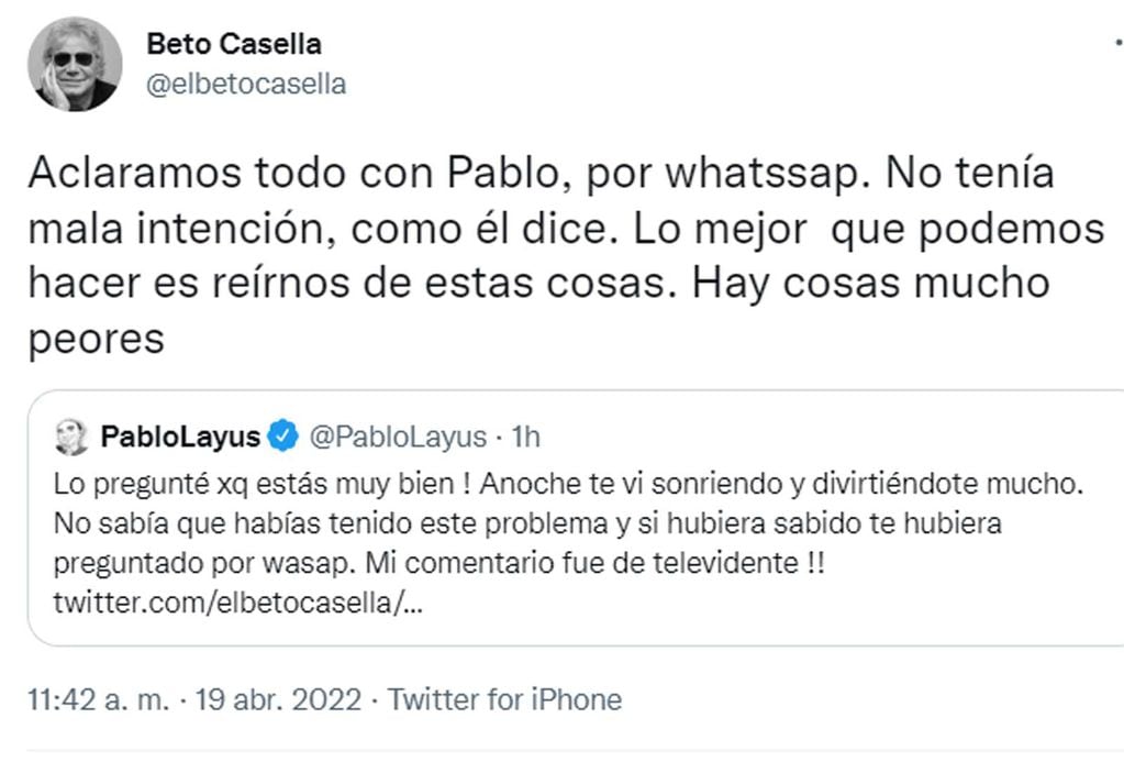 Beto Casella y Pablo Layús y su intercambio en Twitter.