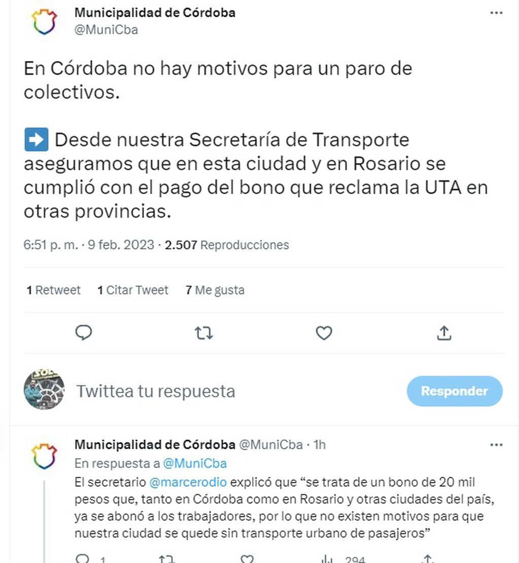 La Municipalidad de Córdoba confirmó que se pagó el bono para los choferes de colectivo.