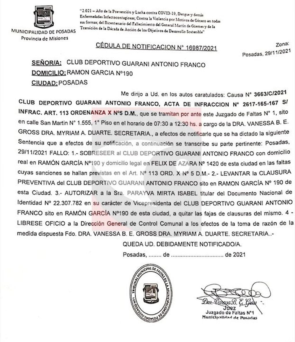 Levantaron la clausura del Club Guaraní Antonio Franco de Posadas.