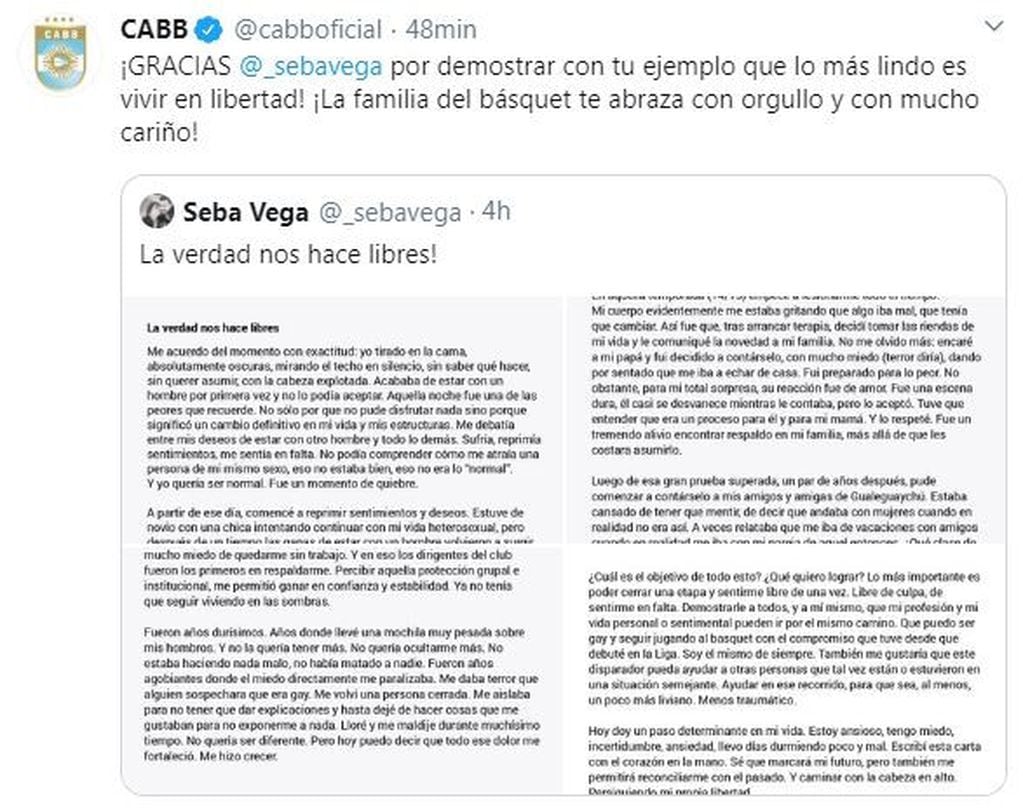 La CABB le respondió a Sebastián Vega. (Twitter)