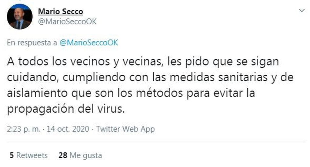 El intendente de Ensenada tiene coronavirus. (Twitter/@MarioSeccoOK)