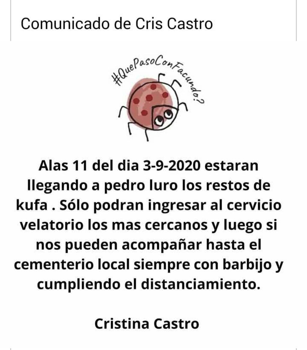 Comunicado de Cristina, la mamá de Facundo Astudillo Castro (Facebook)