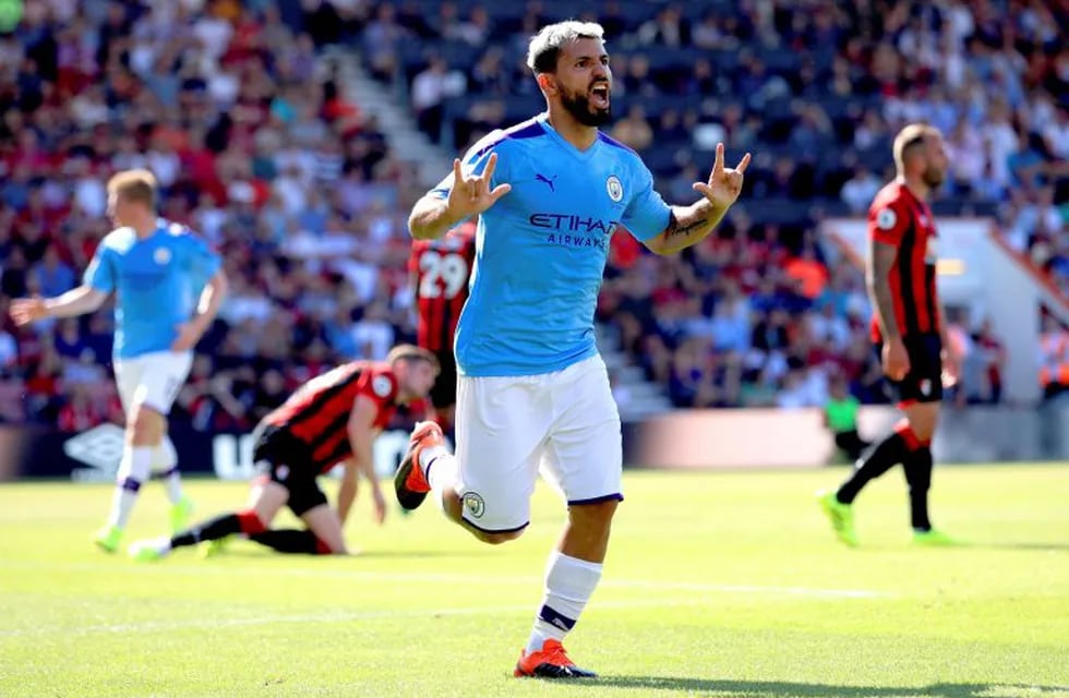 Manchester City's Sergio Aguero celebrates scoring his side's third goal of the game during the English Premier League soccer match between Bournemouth and Manchester City at the Vitality Stadium, Bournemouth, England, Sunday Aug. 25, 2019. (Adam Davy/PA via AP)
