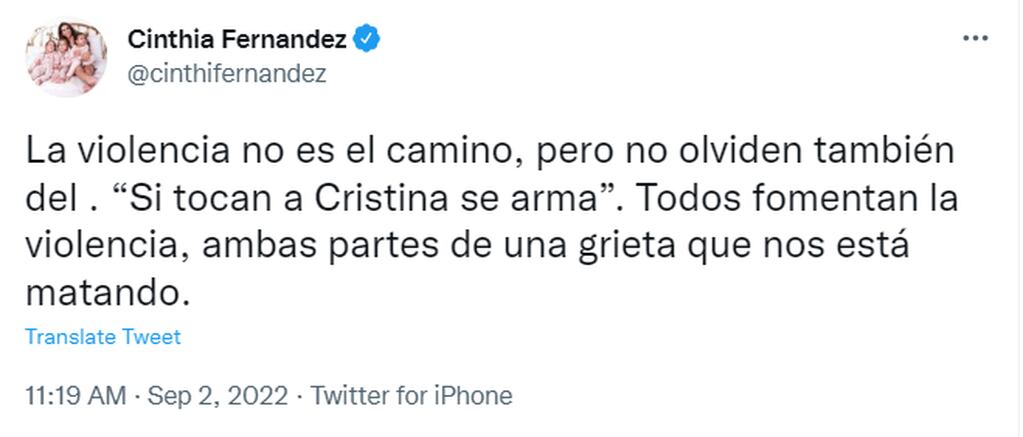 Cinthia Fernández también puso en duda el supuesto ataque hacia Cristina y acusó al oficialismo de promover la violencia.
