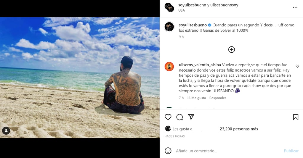 Ulises, en la playa y recuperándose. (Instagram @soyulisesbueno)