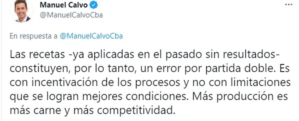 Los tuits del vicegobernador Manuel Calvo, sobre el cierre de exportaciones de carne por 30 días.