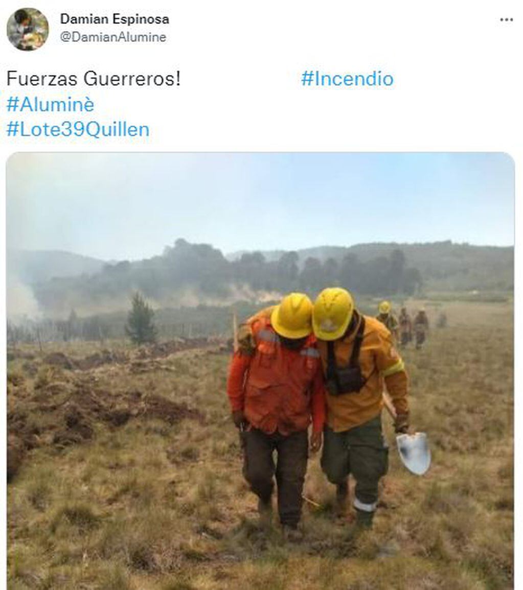 Los brigadistas intentan contener el fuego en Neuquén y su imagen se volvió viral.