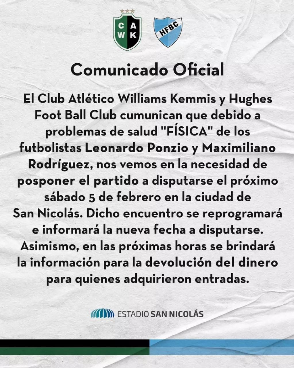 Los clubes de Hughes y Las Rosas emitieron un comunicado conjunto para anunciar la postergación.