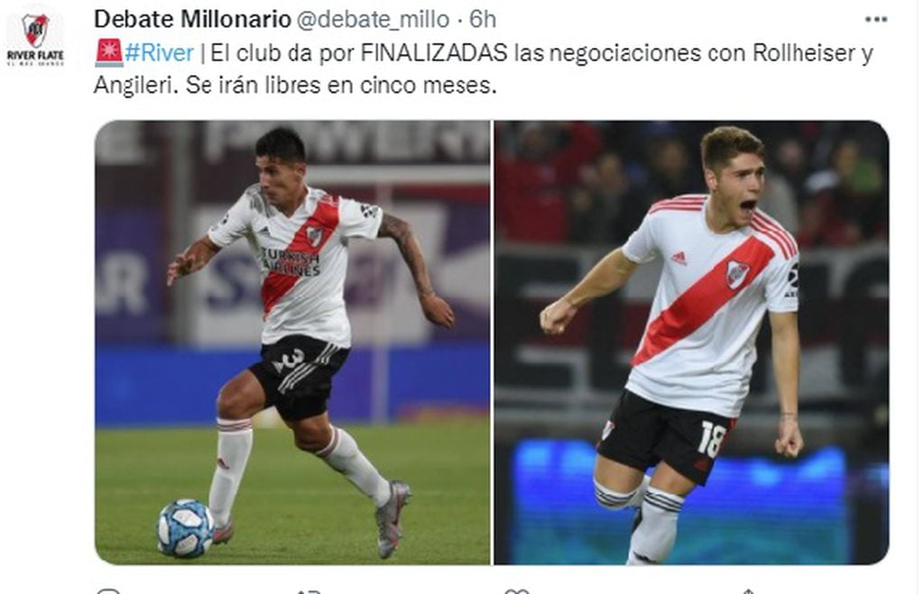 River Plate dio por cerrada la negociación con Angileri y Rollheiser quienes quedarán libres a fines de junio de este año.