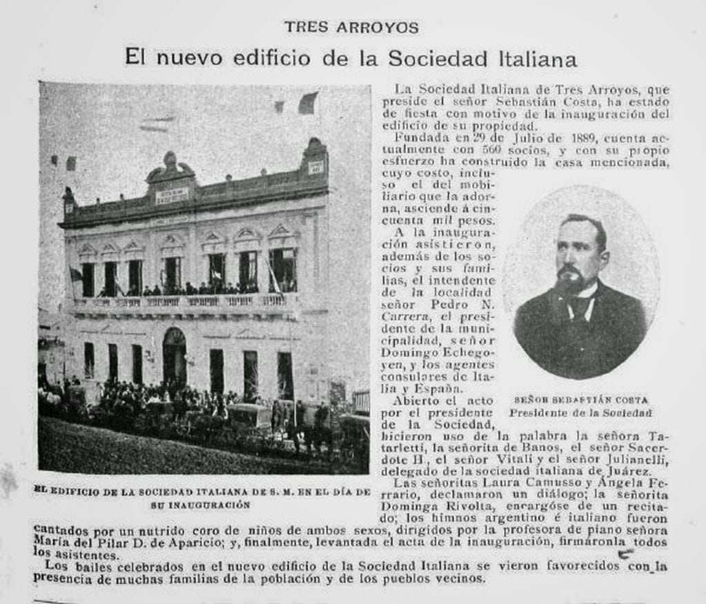 Inauguración de la Sociedad Italiana de Tres Arroyos (foto: Stella Gil de Giménez, web Sociedad Italiana)