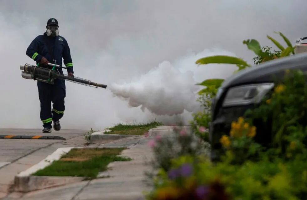 A Worker fumigates against the Aedes aegypti --the mosquito that can spread dengue fever-- in a neighbourhood in Panama City, on April 18, 2020. - Central America faces a 'time bomb' with the growing cases of dengue as the rainy season begins in the region, while its health systems remain alert to the expansion of the new coronavirus. (Photo by Luis ACOSTA / AFP)