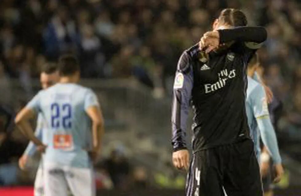 Real Madrid's Sergio Ramos reacts during a Copa del Rey, quarter final, 2nd leg soccer match between Celta and Real Madrid at the Balaidos stadium in Vigo, Spain, Wednesday Jan. 25, 2017. (AP Photo/Lalo R. Villar)