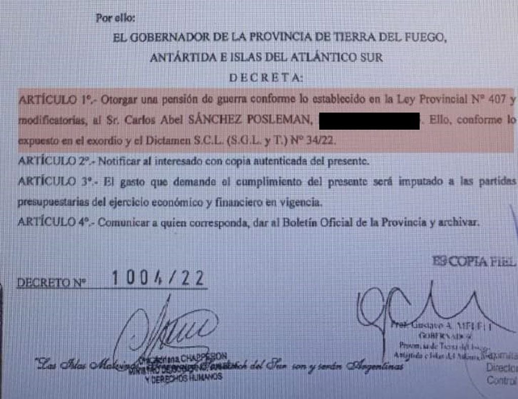 A través del Decreto 1044/22 se otorgó la pensión de guerra al VGM Sánchez Posleman.