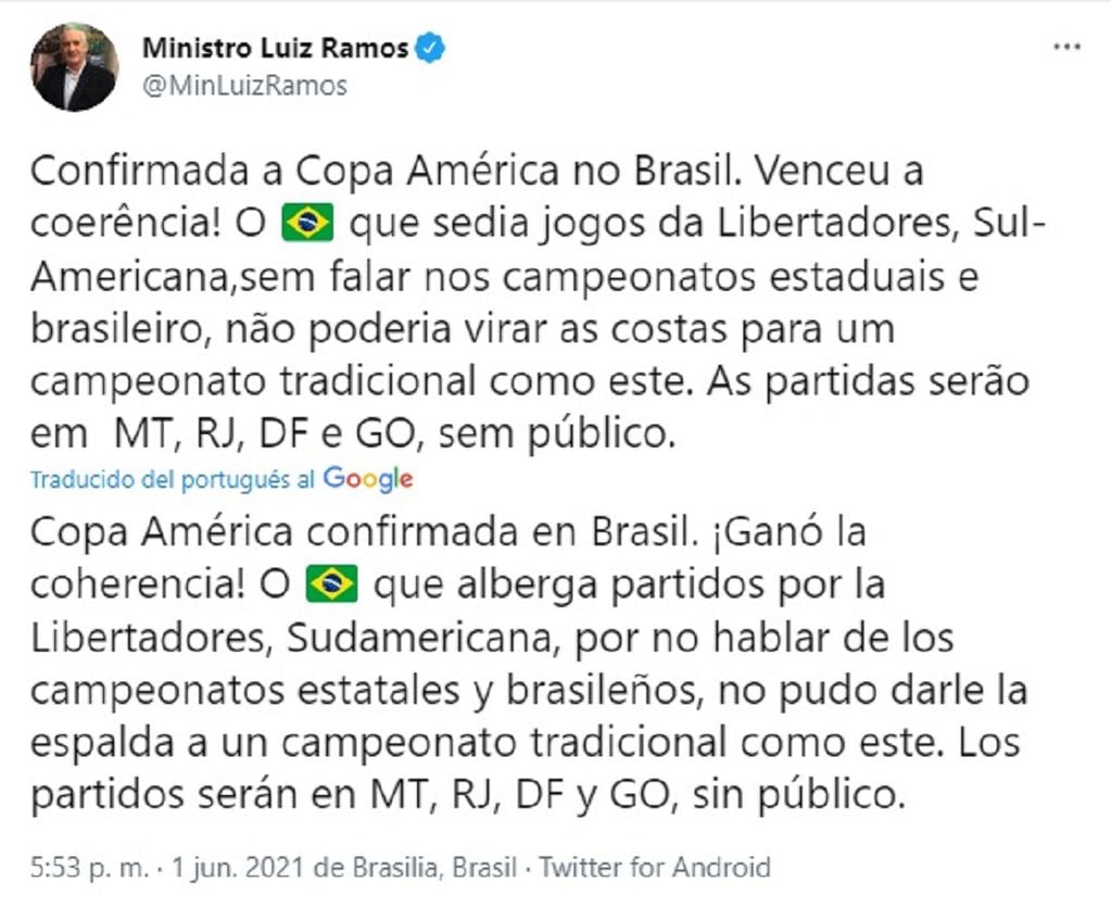 El ministro de la Presidencia de Brasil, Luiz Ramos, confirmó que se hace la Copa América en su país. (@MinLuizRamos)